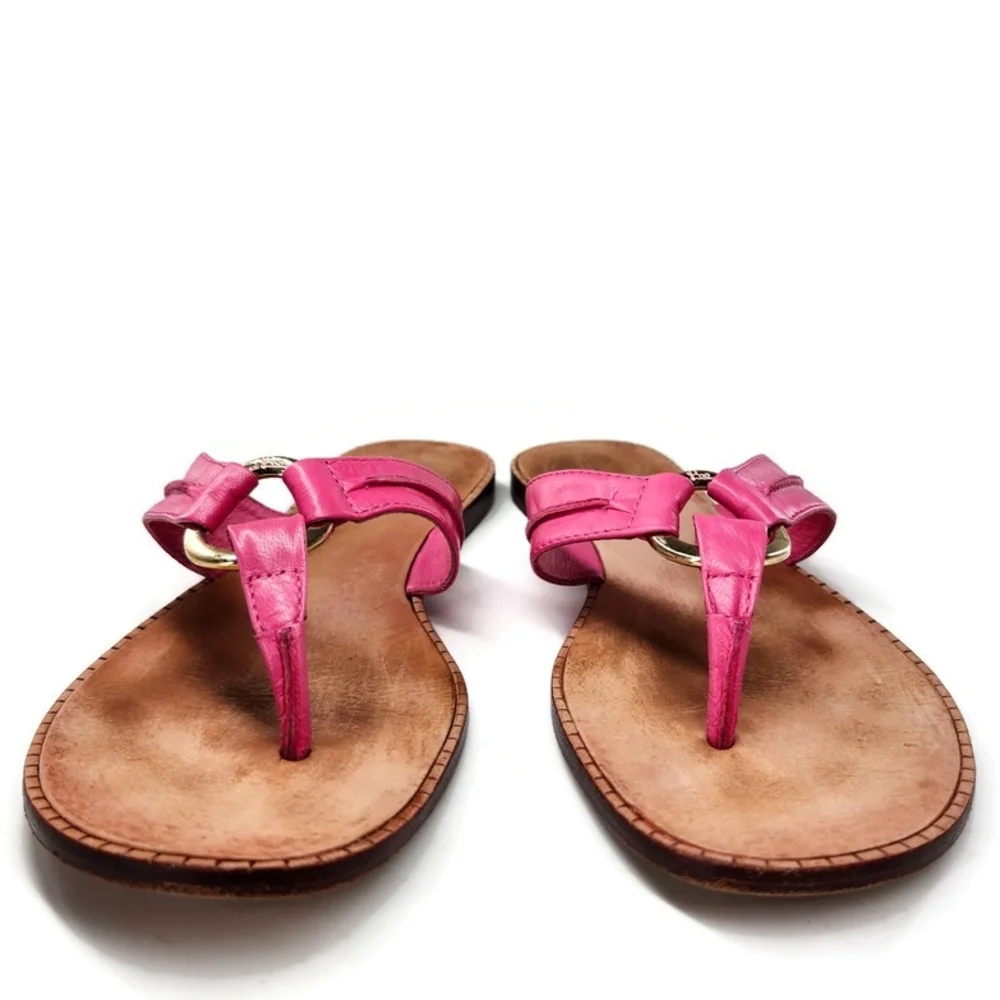 Lilly Pulitzer via Palm Beach McKim Pink Leather Gold Ring Thong Slide Sandals